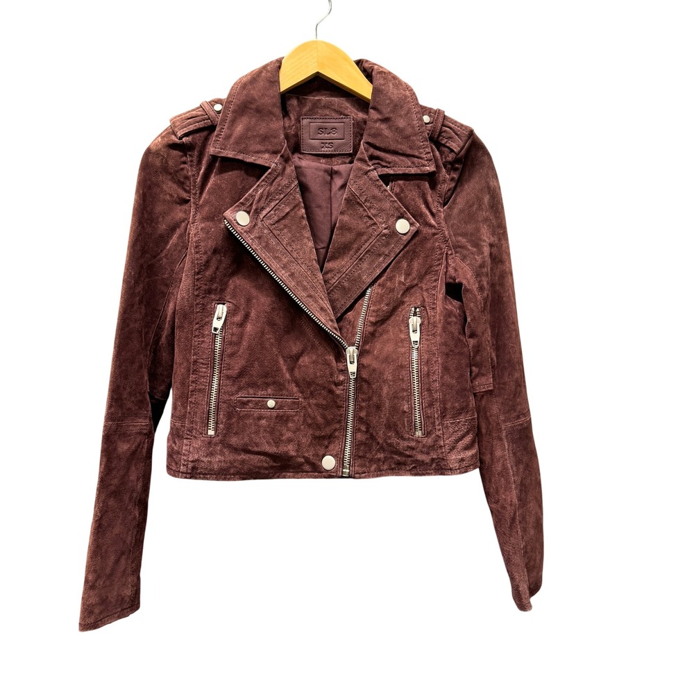 SL8 Moto Jacket Womens XSβ Burgundy Suede Leather Cropped Fit Zip Up